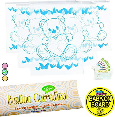 Bimbobimba 6 Bustine Corredino Neonato Adesivo Auto Omaggio Sacchetti, Buste Ospedale 6pz Trasparenti Chiusura con Cursore Ermetico, per Nascita, PortaCorredino, Idea Regalo (AZZURRO)