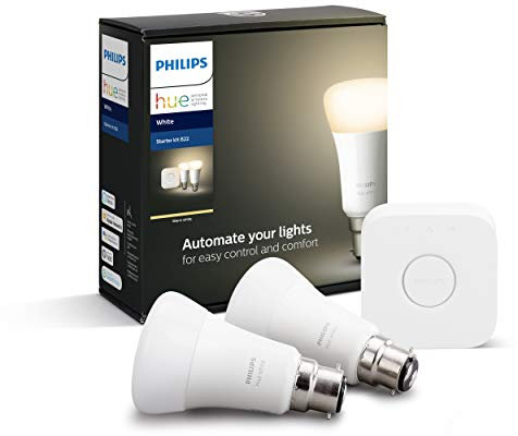 Philips Hue White Starter Kit: Smart Bulb Twin Pack LED [B22 Bayonet Cap] Including Bridge, Works with Alexa, Google Assistant and Apple HomeKit, A Certified for Humans Device