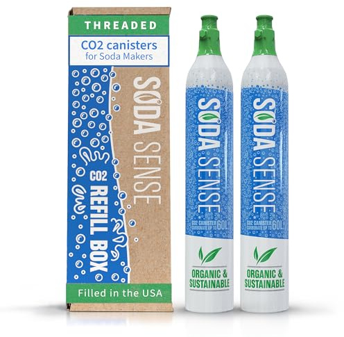 Soda Sense 60L CO2 Exchange Canister - 2 Pack, Threaded Style - Compatible with All 'Screw-In' Soda/Sparkling Water Makers, Including SodaStream BLUE Cylinder Models, Ninja Thirsti, Philips & More