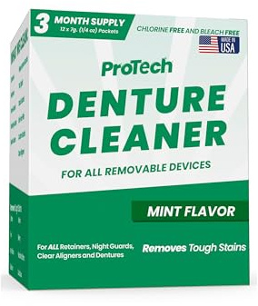ProTech Retainer Cleaner - 90 - 120 Cleanings (0.23 Per Cleaning) 12 Pack/3 Month Supply - For Clear Aligners, Dentures, Retainers, Mouth Guards & Night Guards - Cleaning Crystals, Mint