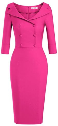 MUXXN Women's 1950 Style Midi 3/4 Sleeve Pencil V Neck Knee Length Retro Vintage Cocktail Bodycon Sheath Formal Dress Hot Pink L