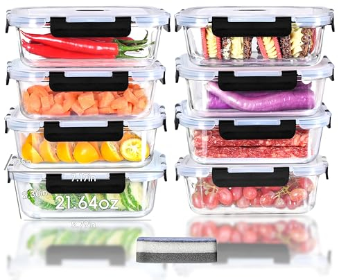 LNWSN Ensemble de récipients de stockage des aliments, 8 récipients de stockage en verre de 21.64 oz,réutilisables à quatre côtés à clipser, parfaits pour les pique-niqueurs en plein air