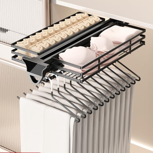 Pull Out Closet Rod with Basket, Closet Clothes Hanger Rail,Wardrobe Clothing Rail Pull Out Basket,Closet Organizer Rack for Pants and Coat,Load 77LBS (22 IN/56CM with Basket)