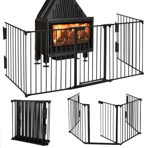 LZQ Kaminschutzgitter mit Tür Metall Ofenschutzgitter Gesamtlänge 300 cm, Kamingitter Kinderschutz Faltbar, Treppenschutzgitter Türschutzgitter inkl. 5 Elemente