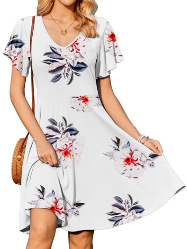 Zeagoo Damklänning, knälång sommarklänning, V-ringad, fritidsklänning, volanger, ärmar, strandklänning, elegant, A-linje klänningar med fickor, Z-blomma vit, S