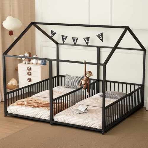 Cayipng Cama Infantil Modelado Casa 90x200 cm con Barandilla y Escalera | Estructura Metal Hierro | Sin Colchón | Diseño Doble Seguro