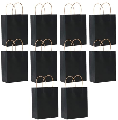 SHUBEIEUMI Paquete de 10 Bolsas de Regalo, Bolsas de Papel Kraft con Asas, 21 x 15 x 8 cm, Reutilizables Bolsas de Regalo para Embalaje Fiestas de Cumpleaños Bodas-Negro