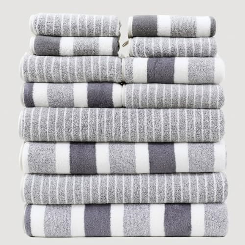 M.J COMFY-LIFE 12PCS Towel Bale Set Soft Absorbent Bathroom Towels with Elegant Woven Stripe Design Includes 4 Bath Towels, 4 Hand Towels, 4 Washcloths (Gery)