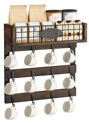 YITAHOME Wall-Mounted Mug Holder with 12 Hooks, Metal Storage Shelf with Guardrail, Rustic Black Cup Organizer for Kitchen, Dining Room, and Coffee Bar