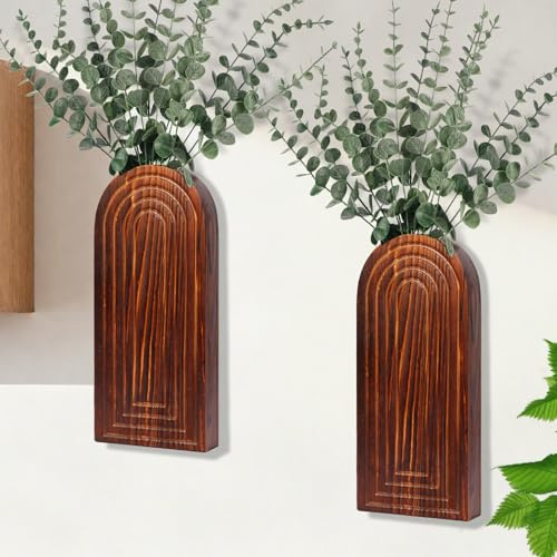 2 Pack Wood Wall Planter Vase Set with Artificial Eucalyptus,Wooden Wall Vase Modern Hanging Planters Boho Wall Mounted Indoor Planter Stand Holder for Living Room,Bedroom,Entryway, Hallway Decor