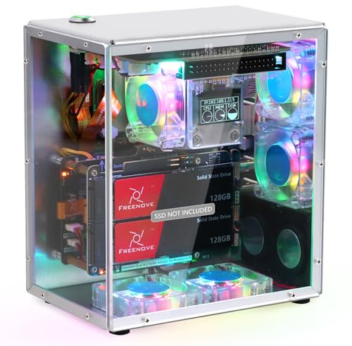 Freenove Raspberry Pi 5 Case Kit Pro, Dual M.2 NVMe SSD Slots, 5 PWM ARGB Fans Light Sync, CPU Tower Cooler, 0.96 OLED Screen, Stereo Speakers, 3.5 mm Audio (SSD NOT Included)