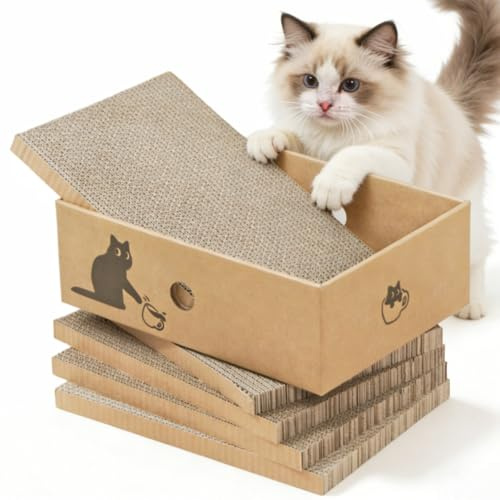 Almohadilla para rascar gatos con diseño de 5 capas, tabla de rascar para gatos con caja, rascador, almohadilla de cartón duradera y reversible de tamaño grande para descansar y jugar. Tamaño mediano
