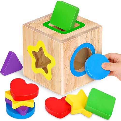Toddler Montessori Toys for 1 2 Year Old Boys Girls, Shape Sorter Wooden Baby Toys Gifts for 1 2 3 Year Old Girl Boy, Activity Cube Sensory Baby Toy 6 to 12 Months Colour Sorting Stacking for Kids