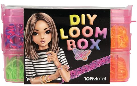 Depesche 14124 TOPModel – DIY Loom bandset, gummiband i 6 neonfärger och 5 randiga varianter, inkl. 20 krokar, loom-ramar, 2 plastnålar och 3 hängen