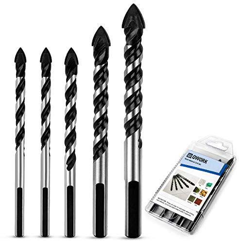 QWORK® 5 Pcs Multi-Material Drill Bits Set 6mm,8mm,10mm, 12mm,for Tile,Concrete, Brick, Glass, Plastic and Wood Tungsten Carbide Tip Best for Wall Mirror and Ceramic Tile on Concrete and Brick Wall