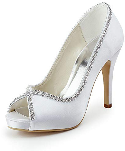 Emily Bridal Zapatos de Novia Peep Toe Rhinestones de Mujer Slip On High Heels (EU36, Blanco)