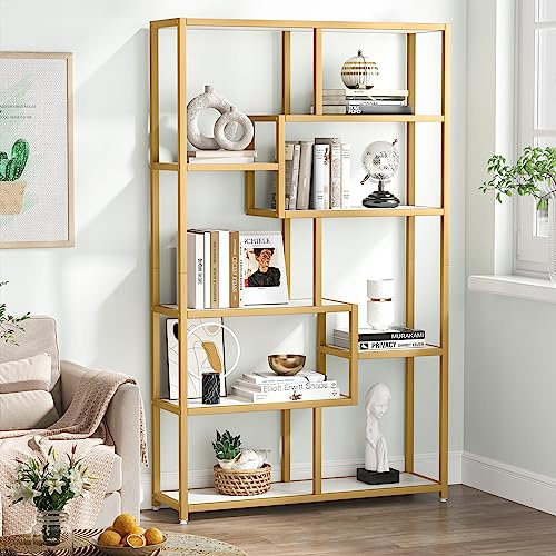 Tribesigns Bücherregal, 180cm Büroregal mit 8 offene Ablagen, Regal mit Metallrahmen, Moderne Gold Standregal für Wohnzimmer, Arbeitszimmer, Büro, weiß+Gold