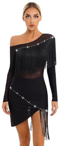Nyeemya Vestido Baile Latino con Flecos Mujer Manga Larga Vestido de Patinaje Artistico Maillot con Falda Ballet Vestidos de Baile de Salon Negro M