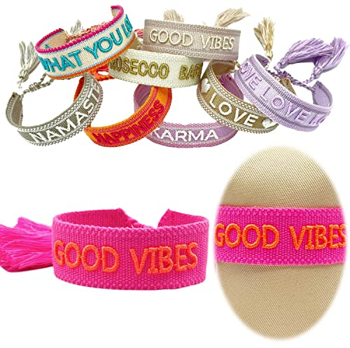 LS-LebenStil Exklusives Statement Armband - das Original - Good Vibes Neon Pink Orange 16-20cm Quasten besticktes Boho Canvas Webarmband Damen Freundschaftsarmband Geschenk gewebt textil Stoffarmband