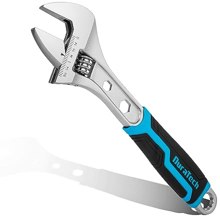 DURATECH 12 Inch Adjustable Wrench, 3-in-1 Spanner with Box End/Hex Function, CR-V Steel, Metric & SAE Scales, Chrome-plated, Bi-material soft Grip