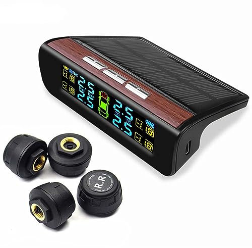 Tyre Pressure Monitoring System TPMS Solar Wireless Tyre Pressure Monitor with 4 External Sensors LCD Display Real-time Temperature Pressure for Car SUV