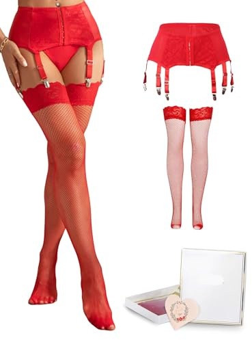 ohyeahlady Porte Jarretelles Ensemble Grande Taille Bas et Porte Jarretelle Ensemble Porte Jarretelles Simili Cuir Clip Métallique Bas Resille Autofixant Tenue Chic Hot(Rouge,S)
