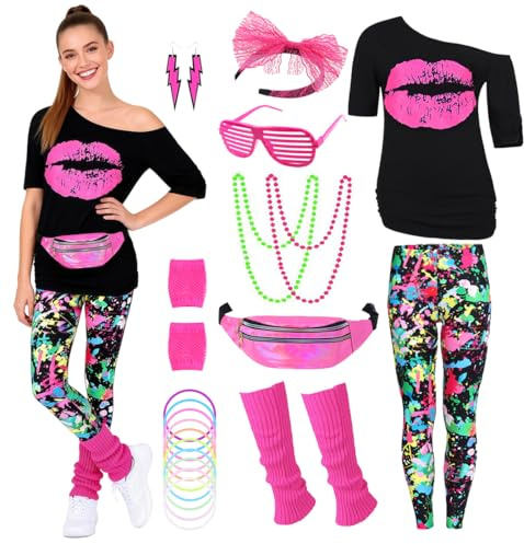 80er Jahre Outfit Damen 80 er Jahre Fasching Kostüm Zubehör Rosa Set mit Bauchtasche Haarband Ohrring Netzhandschuhe Gläser Armband Halskette Leggings Neon Kleidung Bad Taste Outfit Damen VL016S