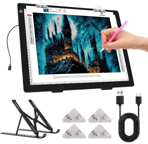elice Mesa luminosa A4 como accesorio de pintura de diamantes 5D, 36 x 27 cm, almohadilla de luz ultrafina, placa luminosa regulable con soporte/clips plegables, placa de luz A4 para pintura de