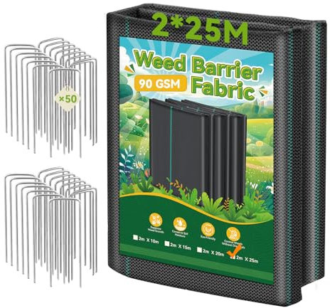 Domusensus Unkrautvlies 2m x 25m, 50m² Unkrautvlies Gartenvlies für Garten mit 50 Erdanker, 90g/m² Premium Unkrautfolie, Reißfestes Unkrautgewebe Rolle Unkrautfolie, Wasserdurchlässig, UV-beständig