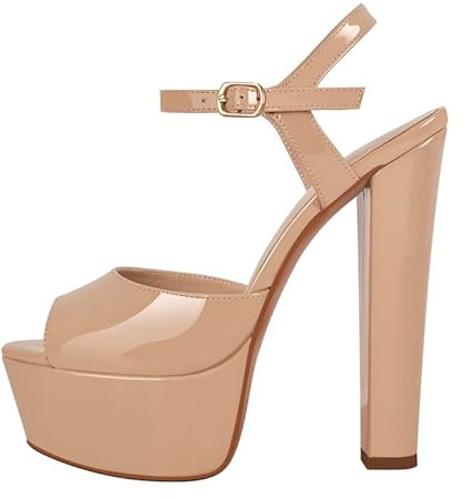 MissHeel Sandales à brides pour femme avec peep-toe, talons hauts, plateforme et talon bloc, beige, 40 EU