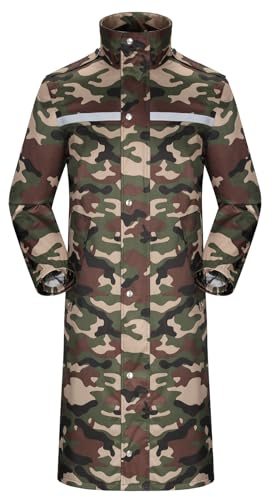 Coutyuyi Homme Veste de pluie imperméable à long manteau de pluie pour capuche réutilisable Vêtements de pluie légers réfléchissants（Camouflage vert armée,3XL）