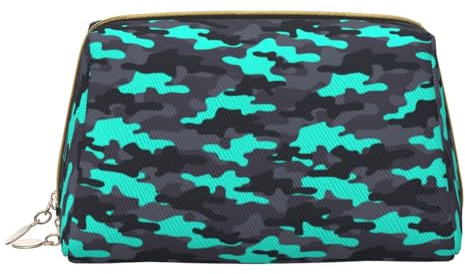 Bolsa de maquillaje de cuero, bolsa de maquillaje de camuflaje gris y verde, bolsa de aseo de viaje para mujeres, bolsa de maquillaje, organizador de bolsa de maquillaje de gran capacidad, bonita