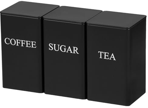 NIHUIFDPY Juego de recipientes metálicos para almacenamiento de té, café y azúcar con tapas herméticas para cocina y accesorios (negro)