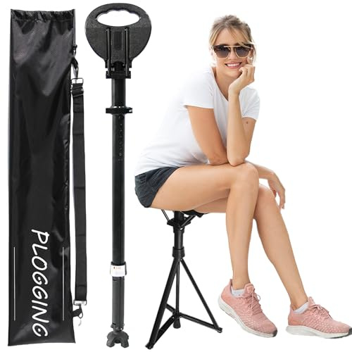 PLOGGING Walking Cane with Seat Folding Lightweight,Adjustable Walking Stick with Seat Capacity 550lbs,Retractable Cane Stool for Seniors & Adults,Cane Chair with Cushion and Carry Bag