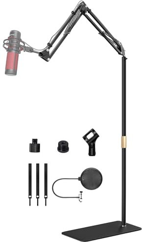 Microphone Floor Stand for Blue Yeti, Nano, Snowball, HyperX,Razer,Logitech USB and Condenser Mic,Adjustable Boom Arm Stand with 1/4'' Thread and 3/8 5/8 Adapter, Pop Filter, Mic Clip, Cable Ties