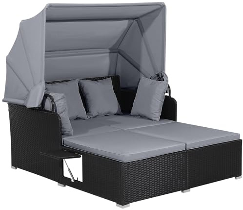 COSTWAY Garden Rattan Daybed, Patio 2 Seater Wicker Sun Bed Lounger with Retractable Canopy, Folding Side Tables and Cushions, Outdoor Double Conversation Furniture for Yard Lawn Poolside (Grey)