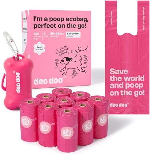 Deo Doo Dog Poop Bags with Handles 9 Rolls 108 Counts Big Sizes Leak Proof and Extra Thick Waste Bags Refill Rolls for Walking Small Medium Large Dogs Cats Litter With Holder Rose Scented