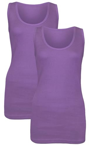 Pack of 2 Women's Vests – Sleeveless Ribbed Camisole Tops – Stretchy Cotton Casual Summer Tank – Plain Longline T-Shirt Style – Gym Sports Muscle Vest for Jogging & Yoga- (Lilac 20)