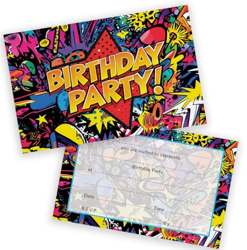 Stuff4 Teenager Birthday Party Invitations, Comic Book Style 20 Pack | Childrens Birthday Invitations for Boys/Girls A6 Bday Party Invites Invitation Cards with Folding Envelopes