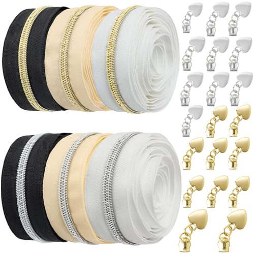 VOKABY 12m #5 Fermeture Eclair au Metre 6mm,6 Couleurs,2 Mètres de Chaque Couleur,Comprend 20 Tirettes de Fermeture éclair en Métal (Argent et Or)