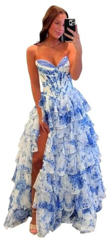 Misshow Robe Bal de Promo Femme Longue Bustier Col cœur Forme A-Ligne en Tulle avec l'Inpression Florale Bleue 38