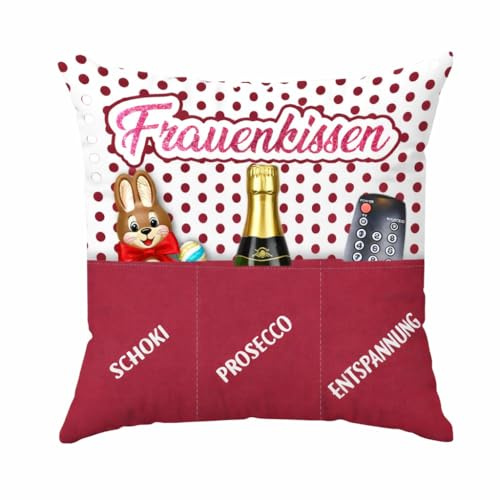 KAMACA Dekokissen 43x43 cm mit 3 Taschen – Lustiges Oster-Geschenk für Frau, Mama, Freundin, Schwester & Kollegin – Kuschelkissen mit Spruch für gemütliche Filmabende und Ostern (Frauenkissen)