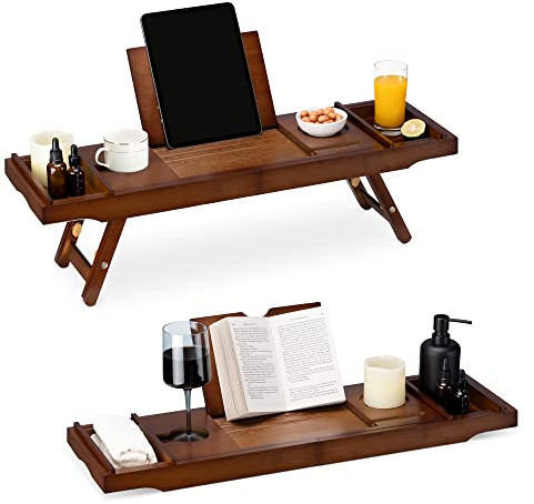 Navaris Pont de Baignoire Extensible Bambou - Plateau de Bain ou lit avec Pied Pliable - Support Tablette Livre téléphone Verre - Rangement Amovible