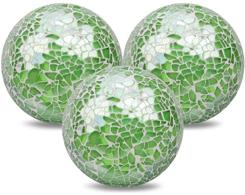 ZningEsxi Mosaic Round Glass Ball 3PCS 3.34 Inch Crackl Solid Sphere Coffee Table Centerpiece Orbs Bowls Vases Dining Table Balls Decorative(Green)