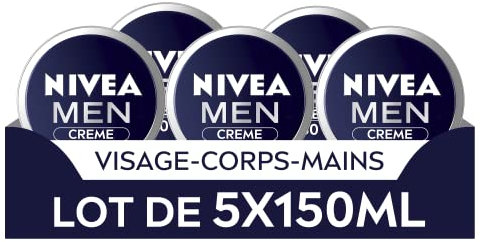 NIVEA MEN Crème hydratante 3-en-1 (lot de 5 x 150 ml), Crème visage, corps et mains nourrissante pour homme, Soin hydratant enrichi en Vitamine E et Glycérine