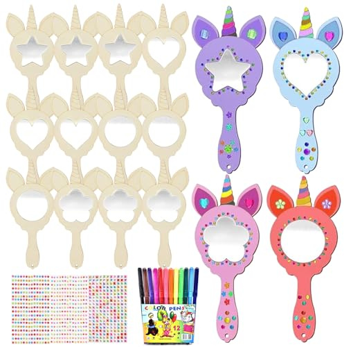 Artisanat Licorne, 12 Pcs Kits Bricolage Miroir Licorne en Bois, Licorne Artisanat en Bois à Peindre,Licorne Miroir à Main Princesse en Bois Bricolage,Ensemble d'artisanat de décoration d'anniversaire