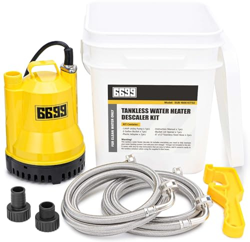 6699 Tankless Water Heater Flush Kit Includes 1/4HP Sump Pump with Two Adapters & 3 Gallons Pail with Bucket Lid Opener & Two 1/2” Dia X 6’ Hoses with Washers