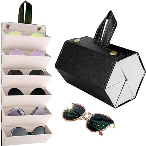 DMJJSD Sunglasses Travel Case 6-Slot, Glasses Storage Box, PU Leather Eyewear Storage Box, Foldable Glasses Storage Case, Multiple Travel Sunglasses Organizer Case, Hanging Glasses Case