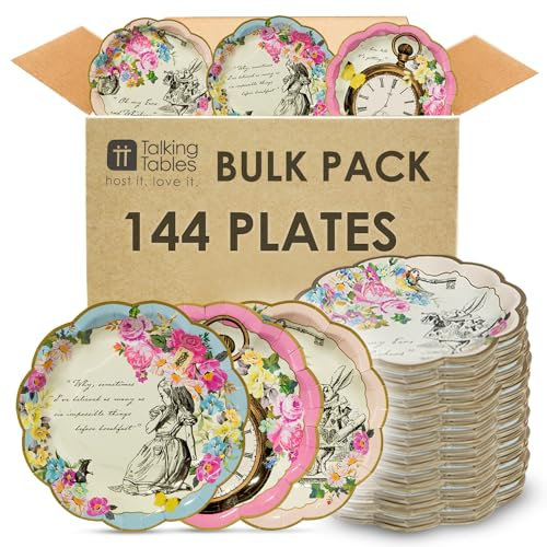 Talking Tables 144 piatti di carta usa e getta a tema Alice nel paese delle meraviglie, forniture per cappellaio matto, decorazioni da tavola per feste di compleanno, baby shower, festa della mamma,