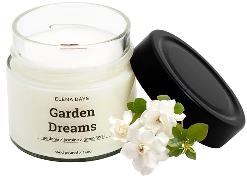 Duftkerze Garden Dreams, blumiger duft, 100% Sojawachskerze, Kerze mit Holzdocht, 140 gramm, Brenndauer 45 Stunden, stark duftend, nachhaltige kerze, kerze im glas, Elena Days